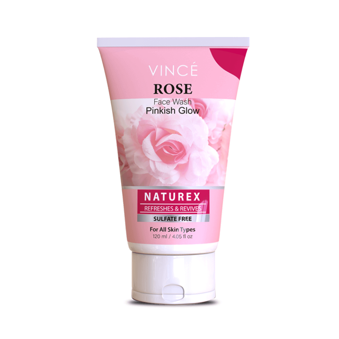 A tube of Vince Rose Pinkish White Facial Cleanser with a pink floral design on the label, indicating it is a product designed to give a natural glow and is sulfate-free.