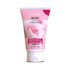 A tube of Vince Rose Pinkish White Facial Cleanser with a pink floral design on the label, indicating it is a product designed to give a natural glow and is sulfate-free.