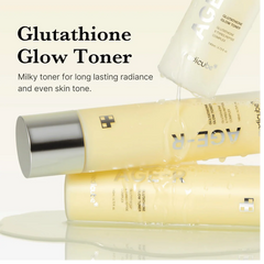 Glutathione Glow Toner bottles with product description text on a white background