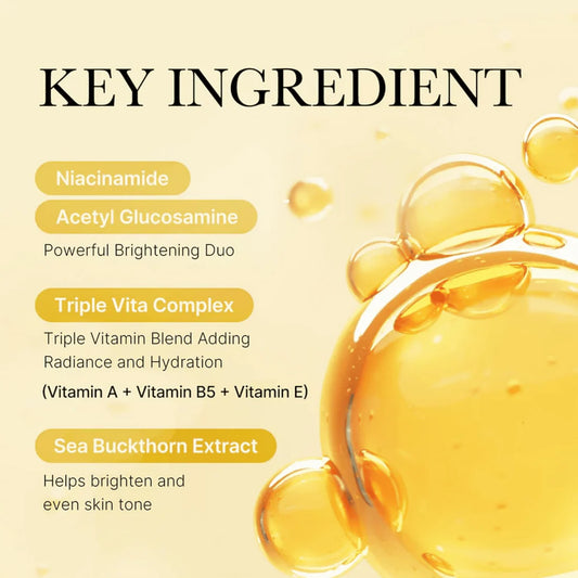 Product advertisement highlighting key ingredients with a yellow background and oil droplet graphic.