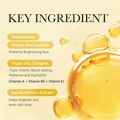 Product advertisement highlighting key ingredients with a yellow background and oil droplet graphic.