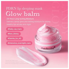 PDRN lip sleeping mask glow balm with pink background and Medicube branding.