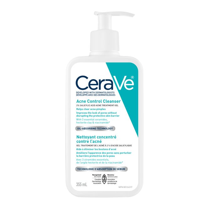 A bottle of CeraVe Acne Control Cleanser with a pump dispenser, labeled for controlling acne breakouts.
