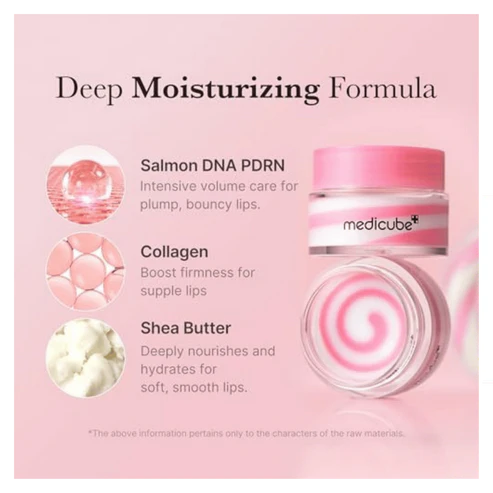 Lip balm container with ingredients listed on a pink background