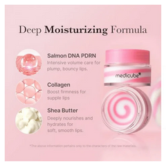 Lip balm container with ingredients listed on a pink background