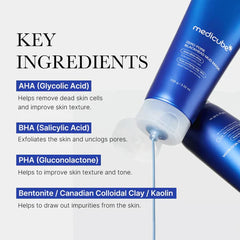 Blue tube of Medicube product with key ingredients listed on a white background