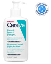 CeraVe blemish control cleanser bottle with dermatologist recommended badge on a white background