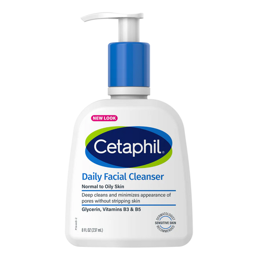 Cetaphil Daily Facial Cleanser bottle with pump on a white background