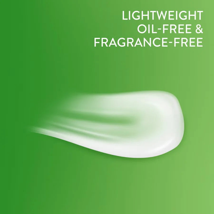 White cream smear on a green background with 'Lightweight Oil-Free & Fragrance-Free' text.