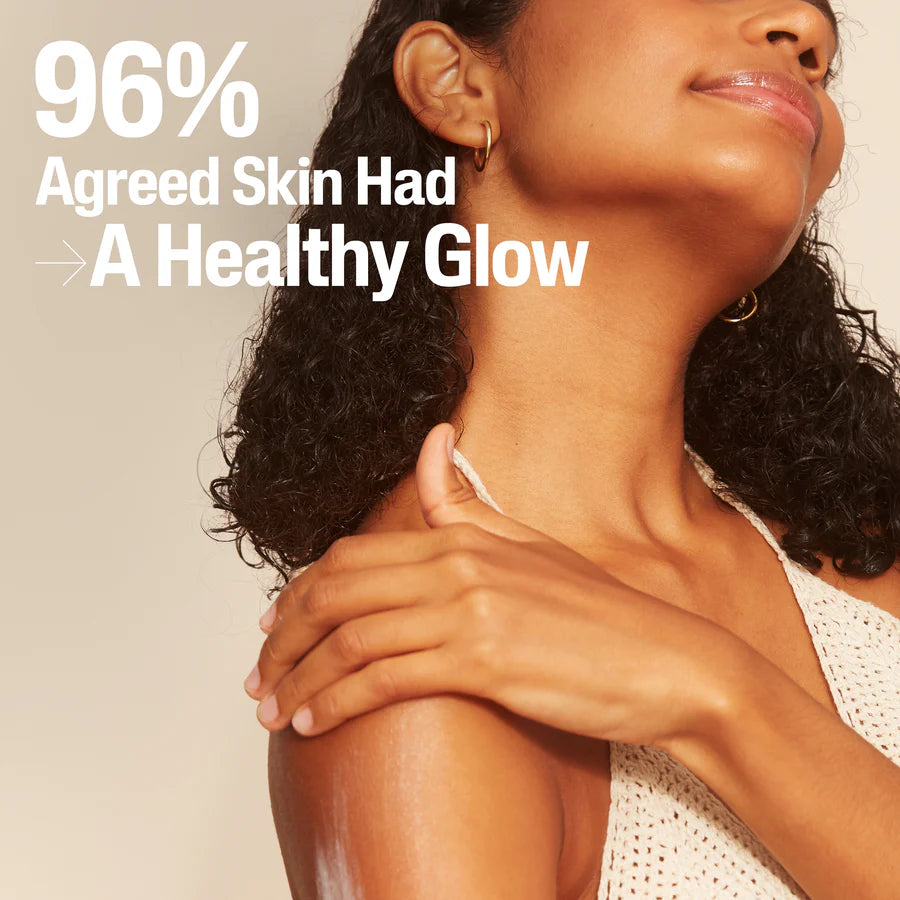 Woman with a healthy glow on her skin, with text indicating 96% agreed she had a healthy glow.