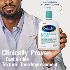 Man holding a bottle of Cetaphil Gentle Exfoliating SA Lotion with text about dermatologist recommendation and clinical proven benefits.