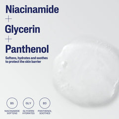 Product packaging with niacinamide, glycerin, and panthenol text on a white background