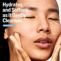 Close-up of a person's face with skincare product, text 'Hydrates and Softens as it Gently Cleanses' and 'GENTLE CLEANSE'.