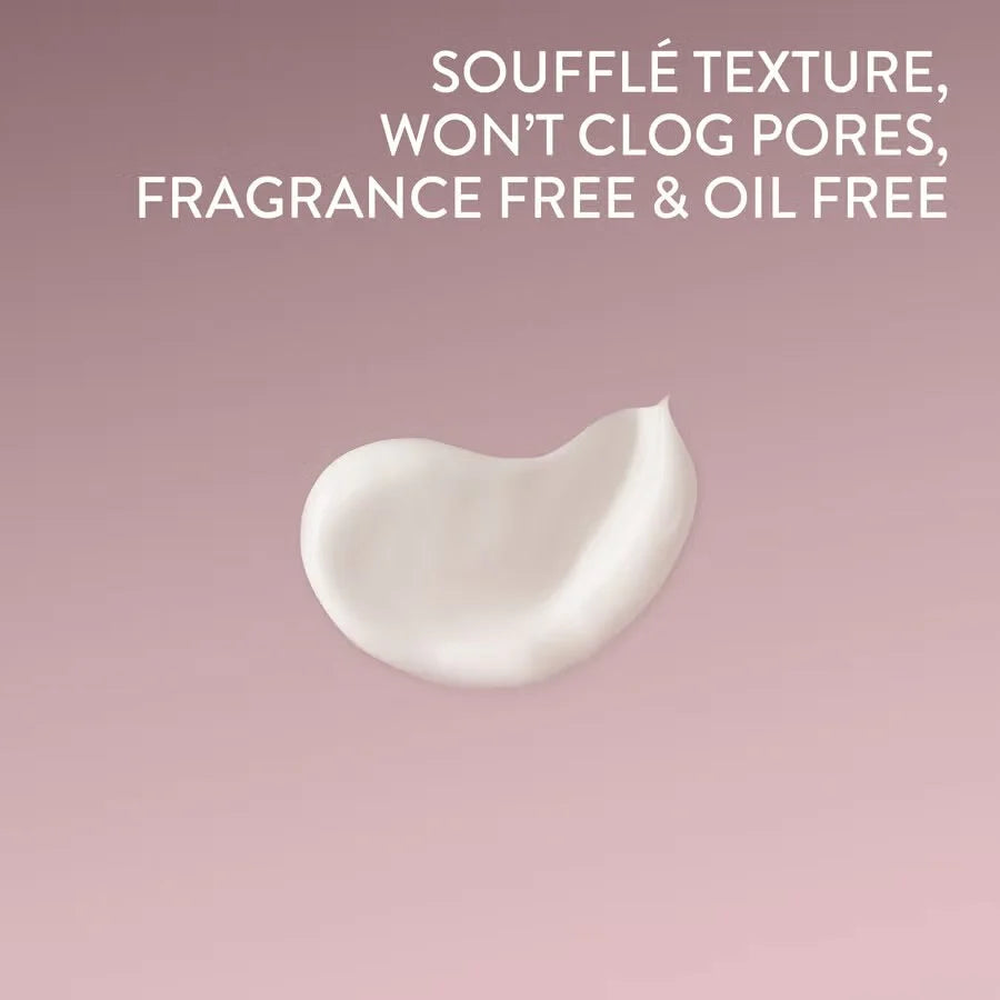 White cream texture on a pink background with text about product features.