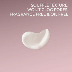 White cream texture on a pink background with text about product features.