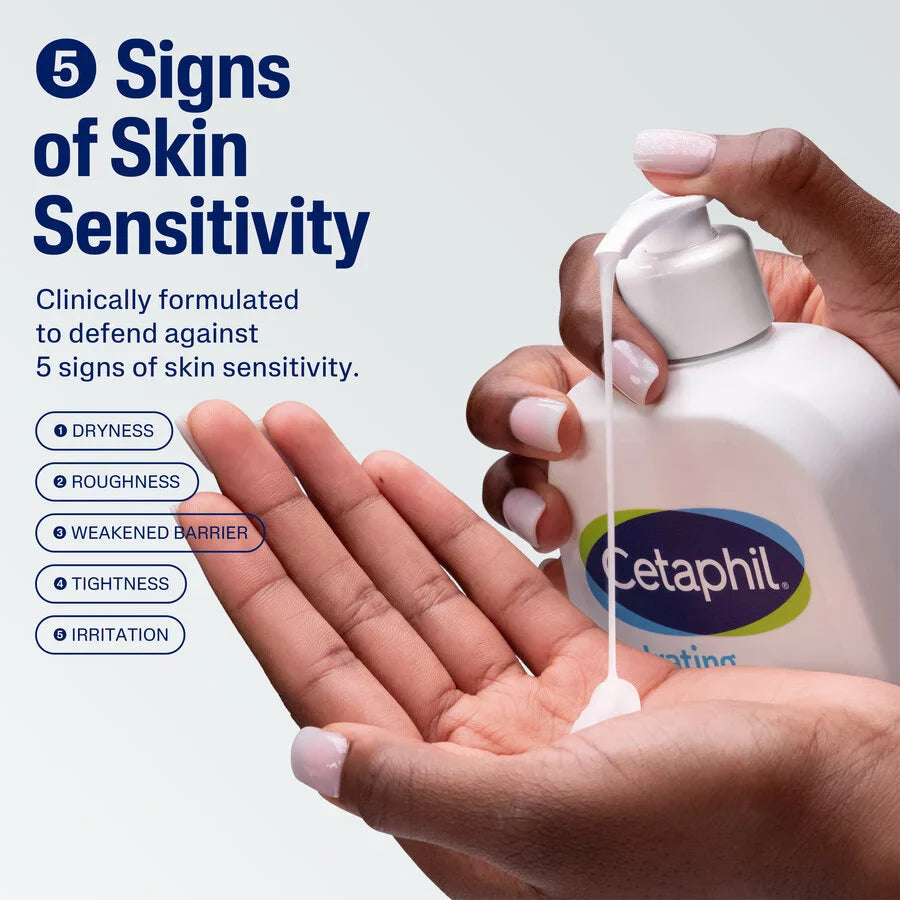 Cetaphil lotion being dispensed into a hand with text about skin sensitivity.