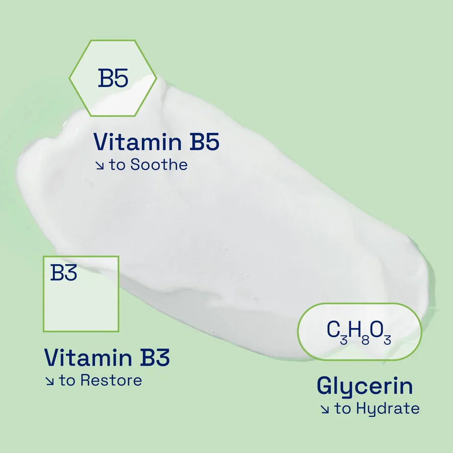 White patch with labels for Vitamin B5, Vitamin B3, and Glycerin on a green background