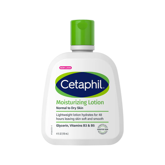Cetaphil moisturizing lotion bottle with green cap on a white background