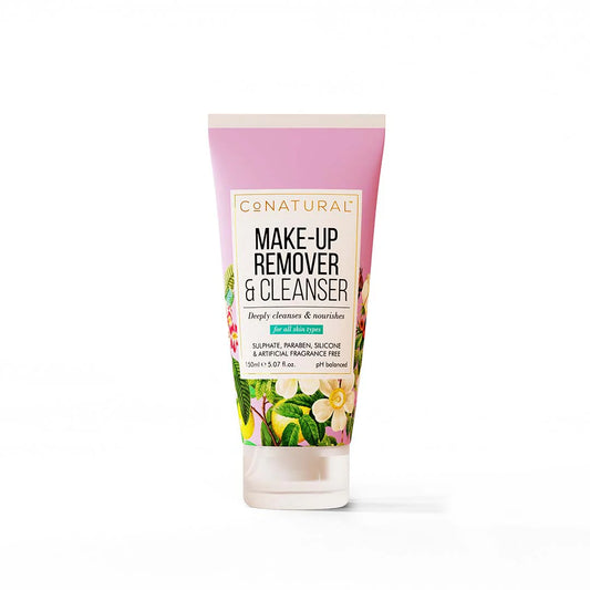 Make-up remover and cleanser tube with floral design on a white background