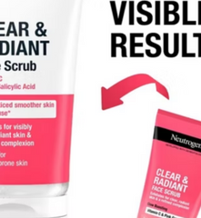 Neutrogena Clear & Radiant Face Scrub packaging with visible results text on a white background
