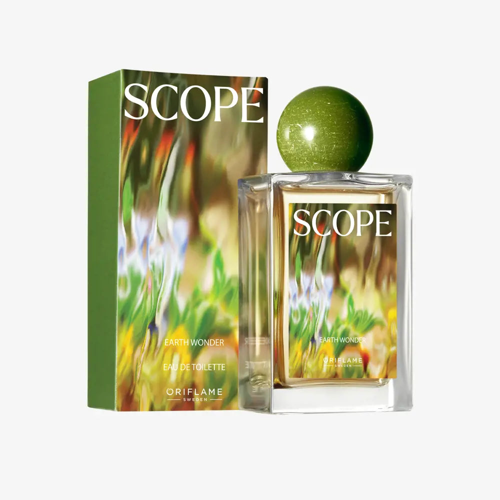Scope perfume bottle and packaging on a white background