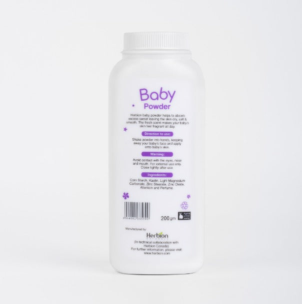 Baby powder container with label on a white background