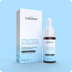 Cellcence Hyaluronic & Collagen serum bottle and packaging on a light blue background