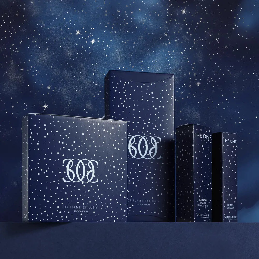 Oriflame BOE product packaging against a starry night sky background