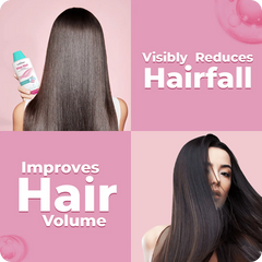 Advertisement for a hair care product showing before and after effects on hair volume and hairfall.