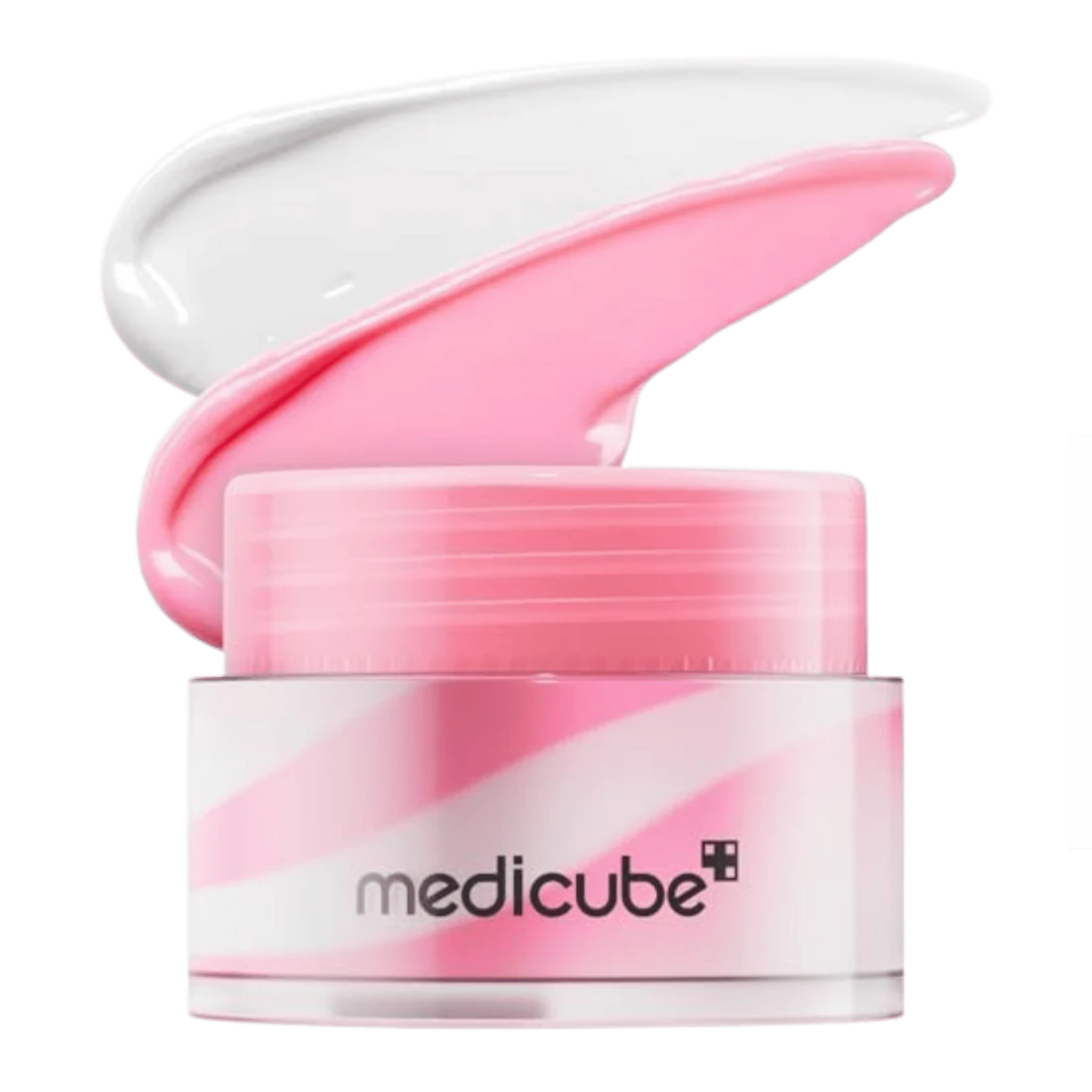 Pink cream jar with open lid on a white background, featuring the Medicube brand.