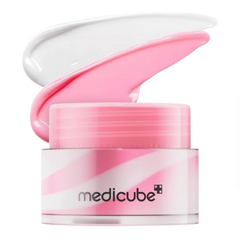 Pink cream jar with open lid on a white background, featuring the Medicube brand.