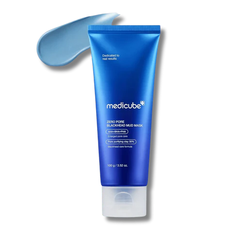 Blue tube of Medicube Zero Pore Blackhead Mud Mask on a white background
