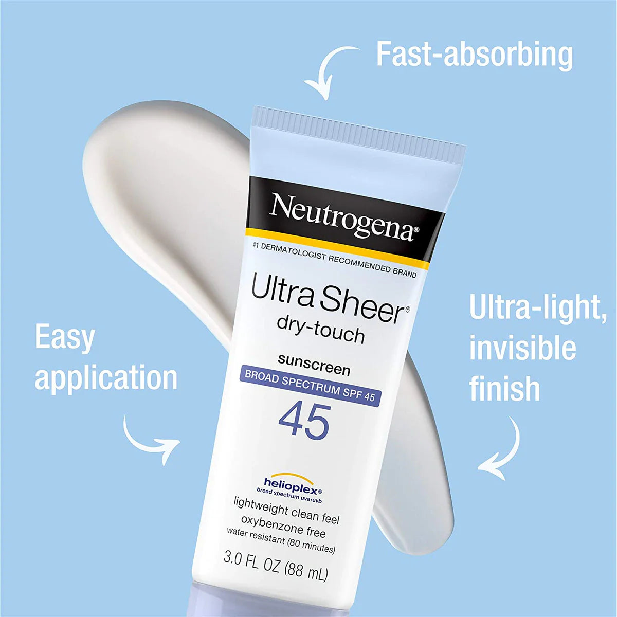 Neutrogena Ultra Sheer dry-touch sunscreen tube with features highlighted on a light blue background