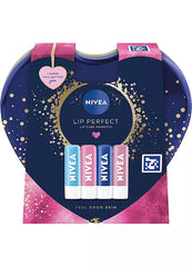 Nivea lip balm set in a decorative box with pink and blue packaging.