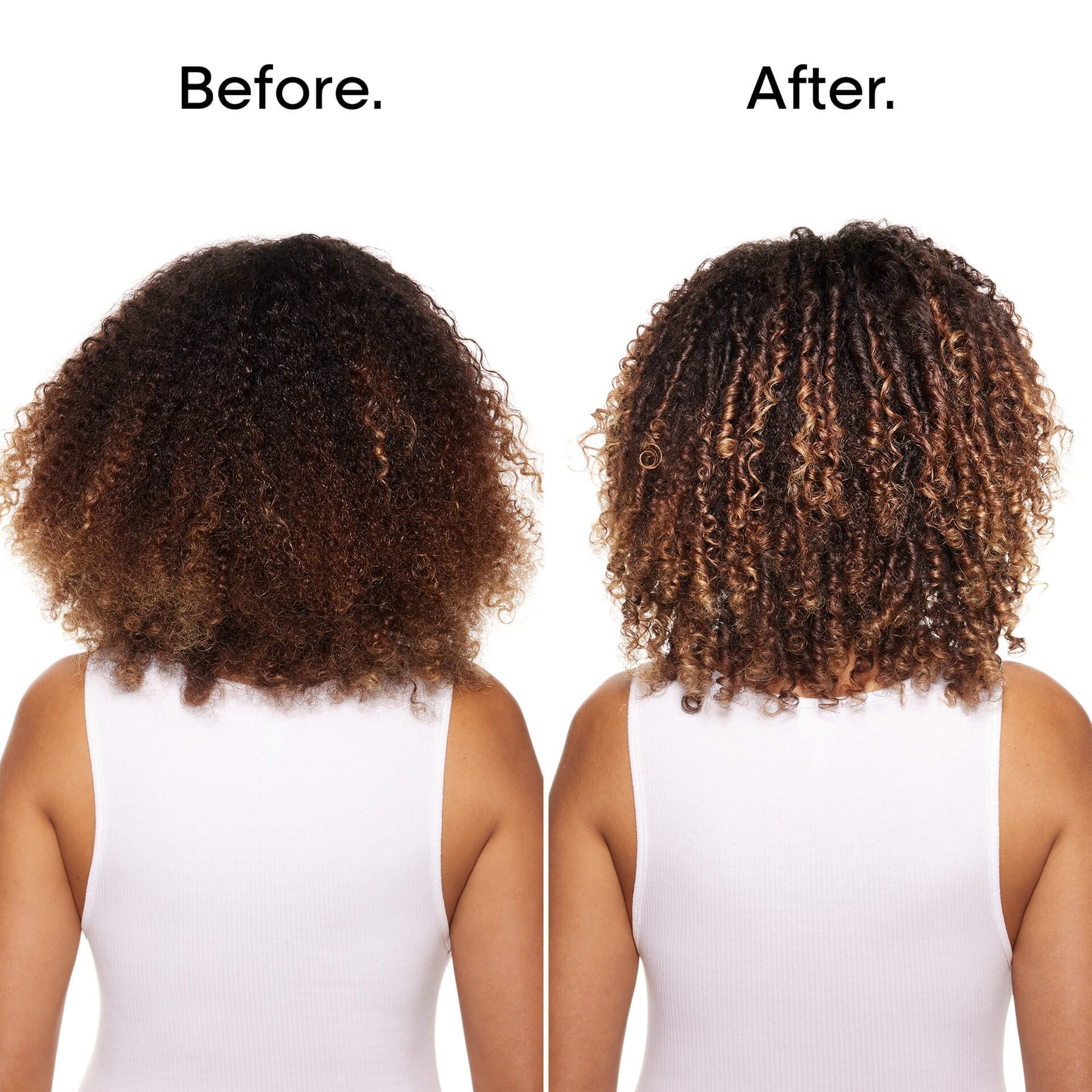 Before and after comparison of a person's hair with curly hair on a white background.