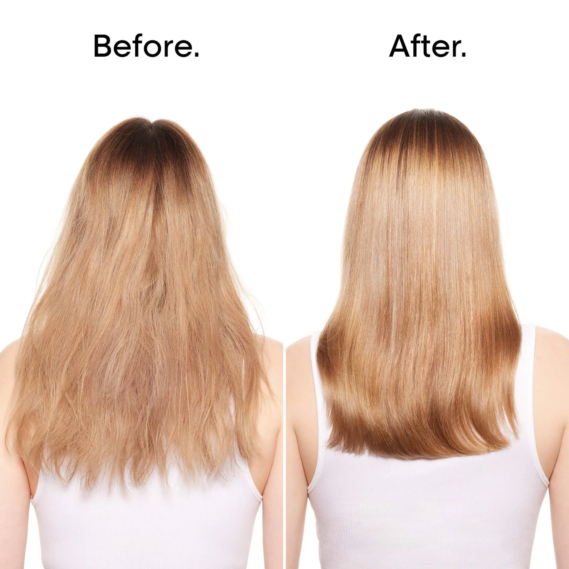 Before and after comparison of hair treatment on a person with long, straight hair.