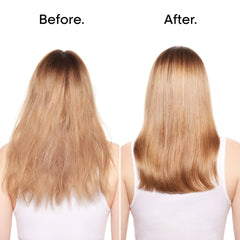 Before and after comparison of hair treatment on a person with long, straight hair.