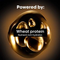 Gold droplets with text 'Powered by: Wheat protein Nutrient-rich hydrator.' on a dark background