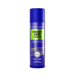 Blue shampoo bottle with green label on a white background