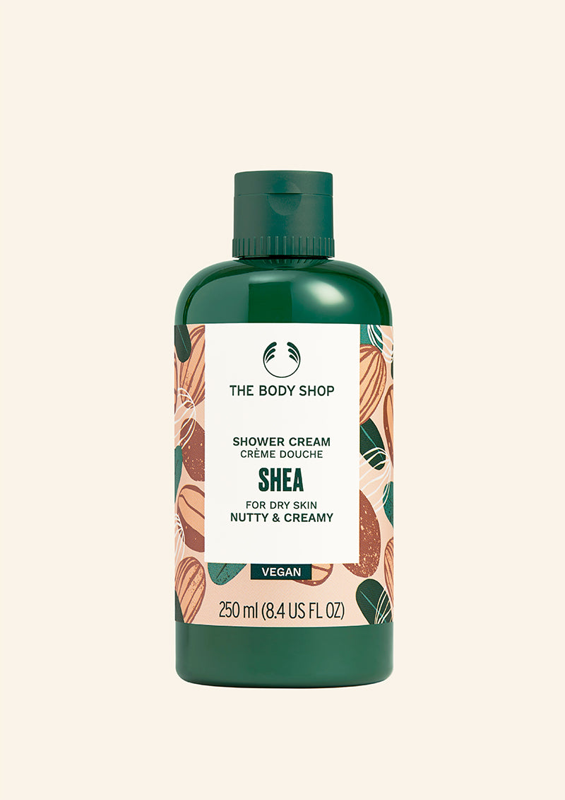 The Body Shop Shea shower cream bottle on a white background
