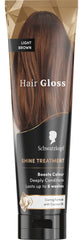 Schwarzkopf hair gloss tube with light brown color swatch on a white background