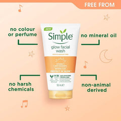 Simple glow facial wash tube with product features on a peach background