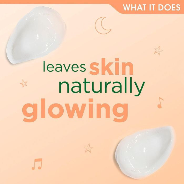 Product packaging with text 'leaves skin naturally glowing' on a peach background