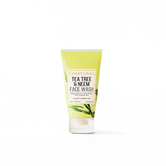 Tube of tea tree and neem face wash on a white background