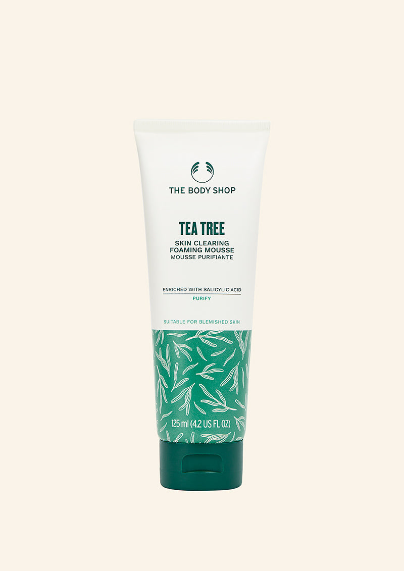 Tube of The Body Shop Tea Tree Skin Clearing Foaming Mousse on a white background