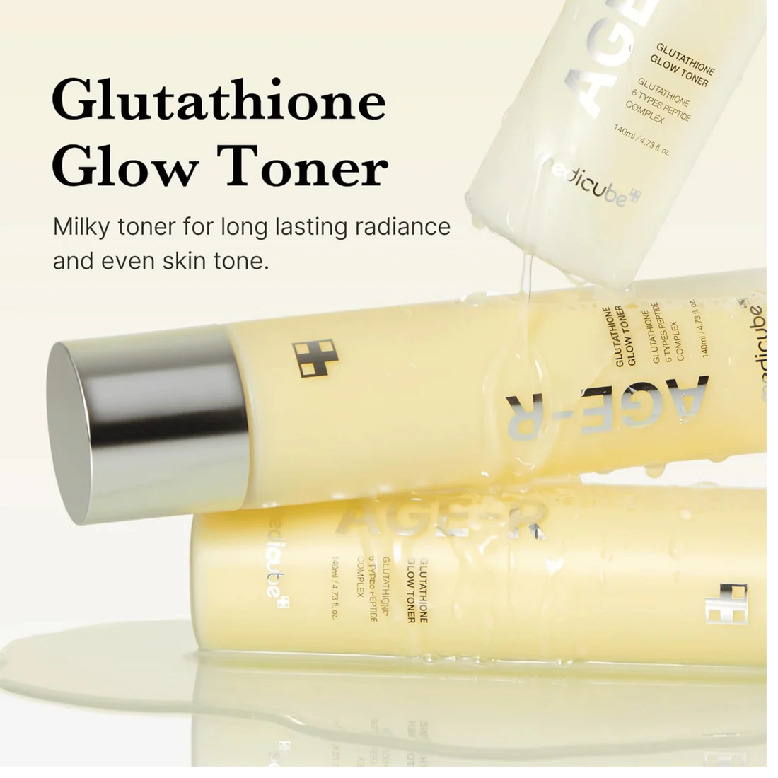 Glutathione Glow Toner bottles with product description text on a white background
