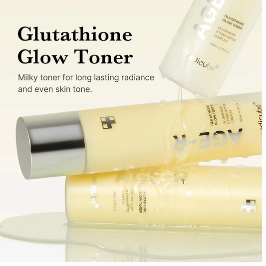 Glutathione Glow Toner bottles with product description text on a white background