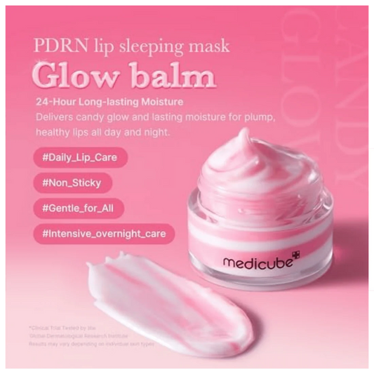 PDRN lip sleeping mask glow balm with pink background and Medicube branding.