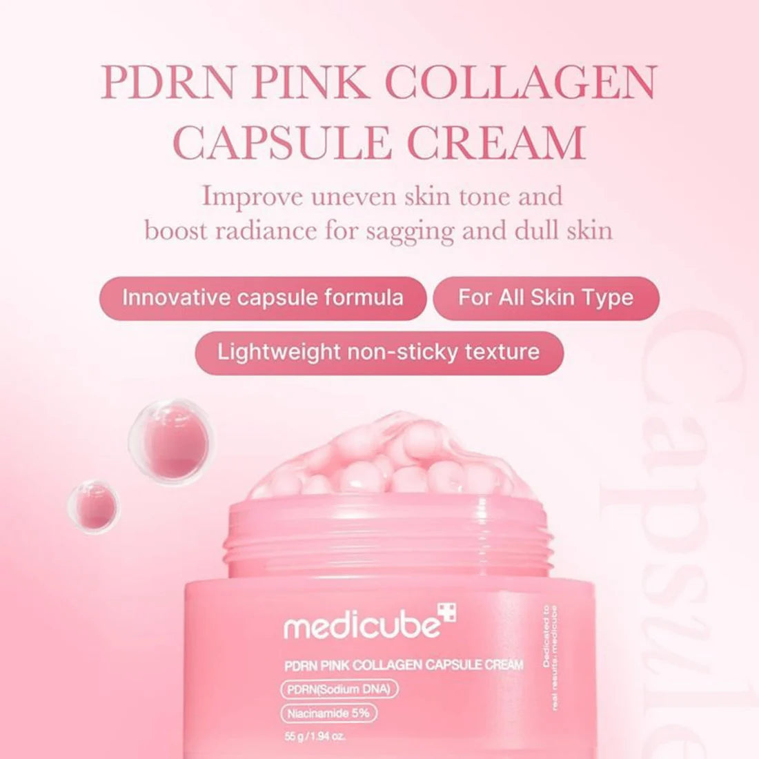 Pink collagen capsule cream with product details on a pink background