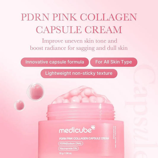 Pink collagen capsule cream with product details on a pink background